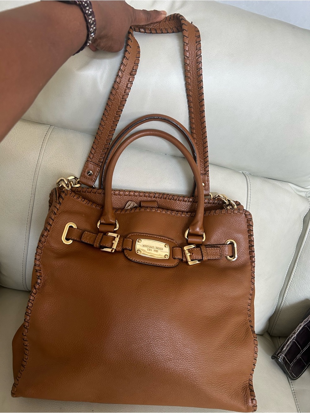 Michael Kors Cognac Leather Whipstitch Tote with Gold Hardware